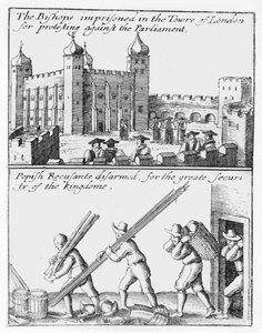 Biskopar fängslade i Tower of London; Popiska recusanter avväpnas av Wenceslaus Hollar