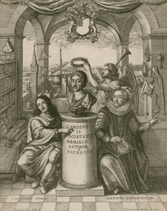 Byst av Charles II, med Lord Brouncker (vänster), den första presidenten för Royal Society, och Francis Bacon (höger) av Wenceslaus Hollar