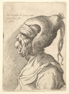 Byst av en missbildad kvinna med konisk hatt och två dinglande flätor i profil till vänster, 1665. av Wenceslaus Hollar