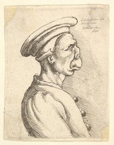 Byst av en man med platt näsa och utstående mun, iklädd platt mössa och knäppt kappa i..., 1660. av Wenceslaus Hollar