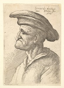 Byst av äldre man med näsa som möter underläppen, bär bred platt mössa i profil t..., 1665. av Wenceslaus Hollar
