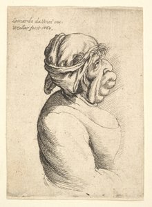 Byst av kvinna med utstående mun iklädd lågskuren klänning och tyg bunden runt hennes huvud..., 1660. av Wenceslaus Hollar
