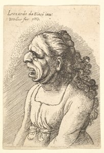 Byst av kvinna med vidöppen mun och långt lockigt hår som faller över hennes axlar, klädd i..., 1665. av Wenceslaus Hollar