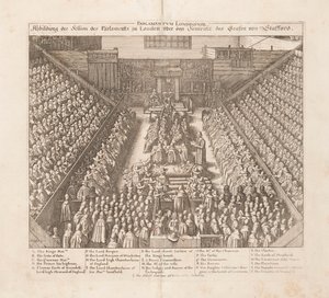 Skildring av parlamentet i Londons session av dömet av Earl of Stafford, ca 1642. av Wenceslaus Hollar
