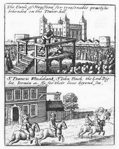 Earl of Stafford halshuggen på Tower Hill; Sir Francis Windebank, Sir John Finch och Lord Digby flyr England av Wenceslaus Hollar