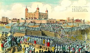 Första engelska revolutionen (1641-1649): avrättning av den engelske politikern Thomas Wentworth de Strafford (1593-1641) den 12/05/1641 vid Tower Hill i London. Gravyr av Wenceslaus Hollar (1607-1677) Privat samling från 1600-talet av Wenceslaus Hollar
