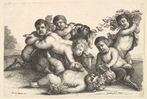 Fyra pojkar, två satyrer och en get, 1654. av Wenceslaus Hollar