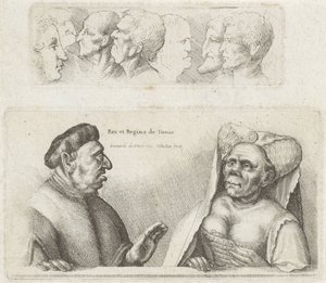 Frisiska med studiehuvuden / karikatyrer av kungen och drottningen av Tunisien Rex et Regina de Tunis (titel på objekt) Varie figurae et probae (serietitel) Karikatyrer, huvuden och missbildningar efter Leonardo da Vinci (serietitel)