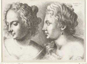 Huvuden av två unga kvinnor Varie figurae et probae (serietitel) Karikatyrer, huvuden och missbildningar efter Leonardo da Vinci (serietitel) av Wenceslaus Hollar
