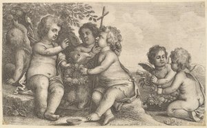 Jesus, Johannes Döparen och fyra keruber, 1625-77. av Wenceslaus Hollar