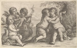 Jesus och St. Johannes omfamnar, med keruber, 1646. av Wenceslaus Hollar