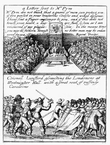 John Pym läser upp ett brev i underhuset; Överste Thomas Lunsford och hans soldater attackerar Londonbor av Wenceslaus Hollar