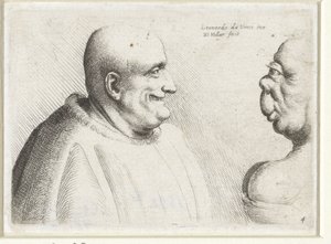 Huvuden på en stor skallig man och grotesk kvinna Varie figurae et probae (serietitel) Karikatyrer, huvuden och missbildningar efter Leonardo da Vinci (serietitel) av Wenceslaus Hollar