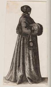 Kvinna klädd i svart med mask, huvudduk och muff av Wenceslaus Hollar