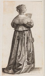 Kvinna med en solfjäder och en spegel, sedd bakifrån av Wenceslaus Hollar