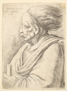 Man med karikerade drag och hår som strömmar bakom, i halvlängd till vänster, 1648. av Wenceslaus Hollar