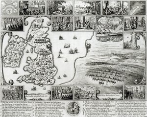 Karta över inbördeskriget England och utsikt över Prag, 1632