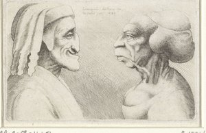 Deformerade karikatyrhuvuden av en man med hatt (Dante?) och en kvinna Varie figurae et probae (serietitel) Karikatyrer, huvuden och missbildningar efter Leonardo da Vinci (serietitel) av Wenceslaus Hollar