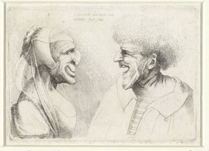Deformerade huvuden på en leende man och kvinna med en huvudmössa Varie figurae et probae (serietitel) Karikatyrer, huvuden och missbildningar efter Leonardo da Vinci (serietitel) av Wenceslaus Hollar