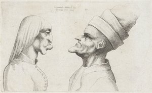 Deformerade huvuden på en kvinna med rakt hår och en man med en dubbelbrättad hatt Varie figurae et probae (serietitel) Karikatyrer, huvuden och missbildningar efter Leonardo da Vinci (serietitel) av Wenceslaus Hollar