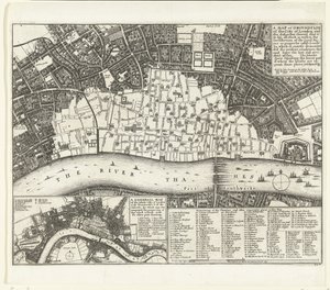 Karta över London efter den stora branden 1666 En karta eller tomt över London City and the Suburbes (...) (titel på objekt)