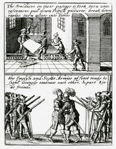 Soldater förstör religiösa bilder i en kyrka; Engelska och skotska soldater omfamnar av Wenceslaus Hollar