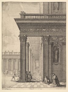 Tempelgård med figurer, efter David Teniers den äldre, 1625-77. av Wenceslaus Hollar