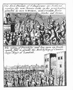 Ärkeprelaten av St Andrews predikar i Skottland; uppgång av lärlingar och sjömän vid Lambeth Palace av Wenceslaus Hollar