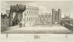 The Palace of Whitehall, från en teckning i Pepysian Library, Cambridge, publicerad 1809 av Wenceslaus Hollar