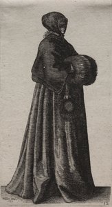 Engelska kvinnors flera vanor, från adeln till landets kvinnor som de är i dessa tider: Kvinnan med mask, huva och muff av Wenceslaus Hollar