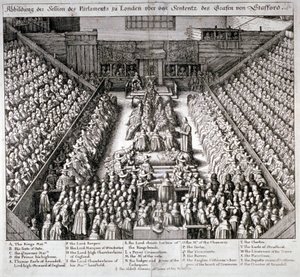 Rättegången mot Thomas Wentworth, Earl of Strafford, Westminster Hall, London, 1641. av Wenceslaus Hollar