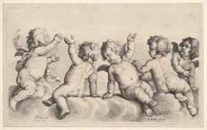 Tre keruber och två pojkar på molnen, 1620-77. av Wenceslaus Hollar