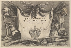 Titelblad med hundar och jaktutrustning, 1646. av Wenceslaus Hollar