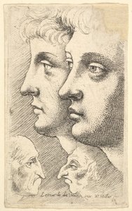 Två ynglingar i profil till vänster med två groteska huvuden vända mot varandra nedanför, 1625-77. av Wenceslaus Hollar
