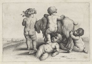 Fyra pojkar, en satyr och en get Putti and Satyrs (serietitel) av Wenceslaus Hollar