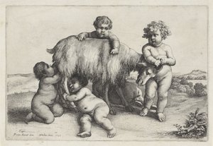 Fyra pojkar, en satyr och en get som står till höger Putti and Satyrs (serietitel) av Wenceslaus Hollar