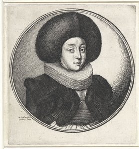 Kvinna med volangkrage och stor pälsmössa Medaljonger med kvinnobyster (serietitel) av Wenceslaus Hollar