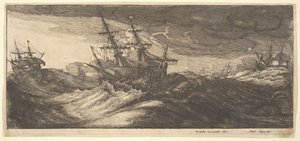 Krigsskepp och en sprutande val, 1665. av Wenceslaus Hollar