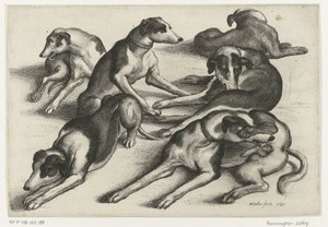 Sex liggande jakthundar Jakt, jakthundar och vilt (serietitel) av Wenceslaus Hollar