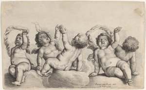 Tre keruber och två pojkar höjer varsin arm på molnen av Wenceslaus Hollar, after Peeter van Avont