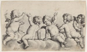 Tre keruber och två pojkar på moln av Wenceslaus Hollar, after Peeter van Avont