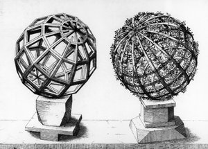 Perspektivillustration, två sfärer, gravyr från Perspectiva Corporum Regularium, av Wentzel Jamnitzer (1508-1585), Nürnberg av Wenzel I Jamnitzer