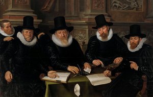 Fyra regenter och "husfadern" för spetälskvårdsanstalten i Amsterdam, 1624 av Werner Jacobsz van den Valckert