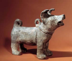 Kinesisk konst: moloss med sele. Terrakotta begravningsstatyett från Han-perioden (206 f.Kr.-220 e.Kr.). Musee Cernuschi, Paris