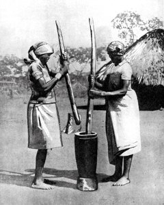 Två kvinnor från Mashona-stammarna som slår majs och hirs, Zimbabwe, Afrika, 1936.