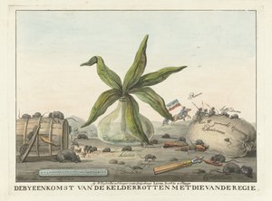 Tecknad film om franska tullen, 1813-1814 Mötet i källaren ruttet med direktörens möte (titel på objekt) av Wijnand Esser