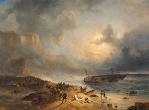 Skeppsbrott utanför en klippiga kust Skeppsbrott på en stenig strand