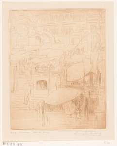 Män och kvinnor som badar och ber på stranden av Ganges i Benares Praying and Praying (originaltitel) On the Ganges (titel på objekt) av Wijnand Otto Jan Nieuwenkamp (signed by artist)