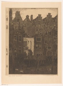 Hus på Voorstraatshaven i Dordrecht Kanalen, Dordrecht (originaltitel) Gamla hus, Dordrecht (titel på objekt) av Wijnand Otto Jan Nieuwenkamp (signed by artist)