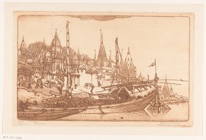 Fartyg med ved på stranden av Ganges i Benares Skepp med ved, Benares (originaltitel) Ships, Benares (titel på objekt) av Wijnand Otto Jan Nieuwenkamp (signed by artist)